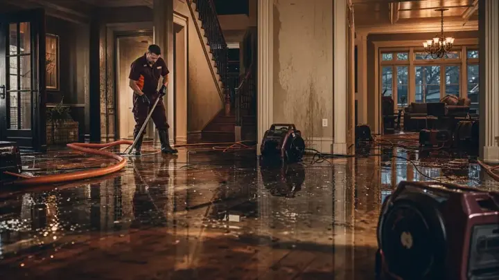 Extraction wand pulling water off a flooded floor during a Mount Juliet dry-out