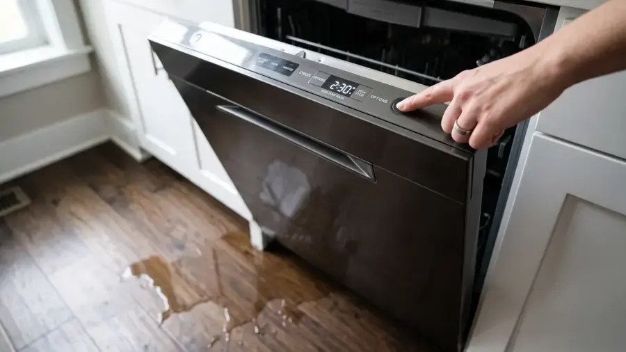 Dishwasher leak spreading across a hardwood kitchen floor
