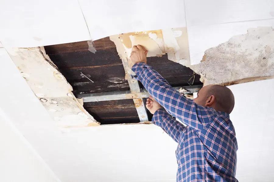 Wet drywall being pulled from a sagging ceiling to reach the framing above