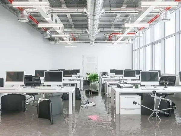 Standing water across an open office floor under rows of desks