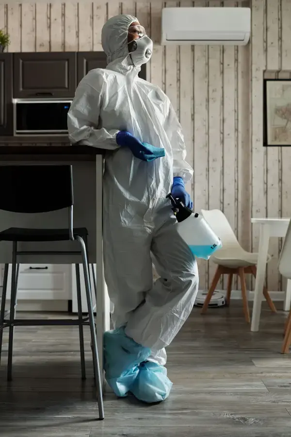 Technician in a protective suit and respirator holding an antimicrobial sprayer