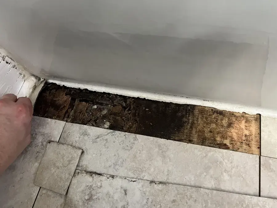 Tile and wet underlayment opened along a wall to trace a slab leak
