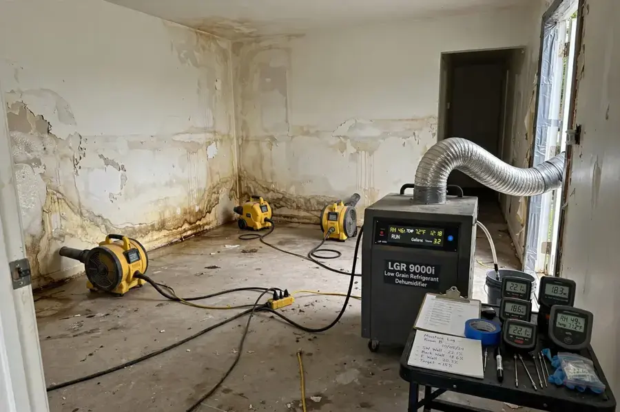LGR dehumidifier, air movers and moisture readings in a room being dried