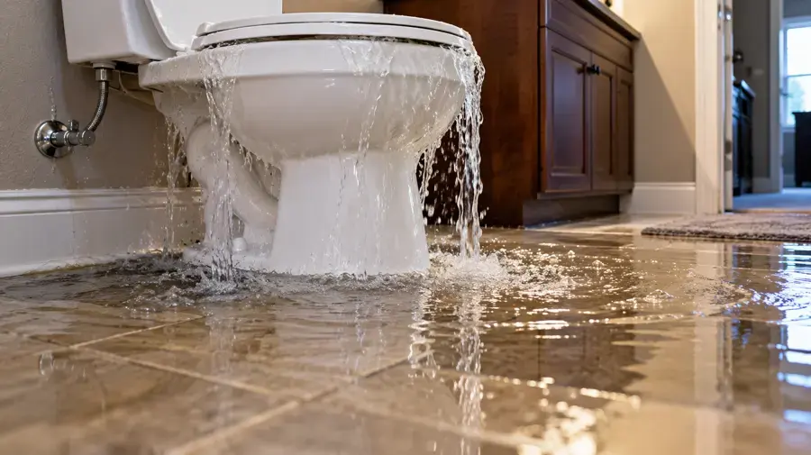 Toilet overflowing onto a tiled bathroom floor