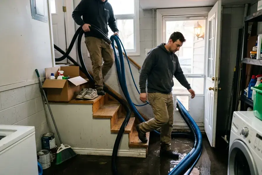 Extraction hoses run down a stairwell to pull standing water from a lower level in a Mt. Juliet home